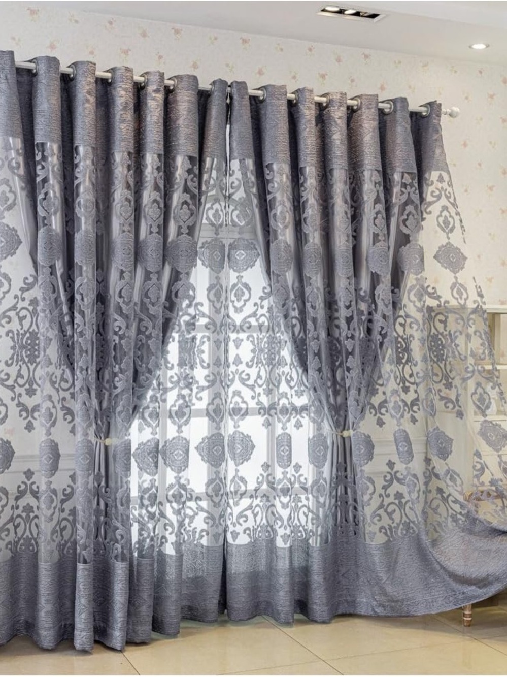 Elegant Gray Damask Sheer and Blackout Curtain Set - Brand